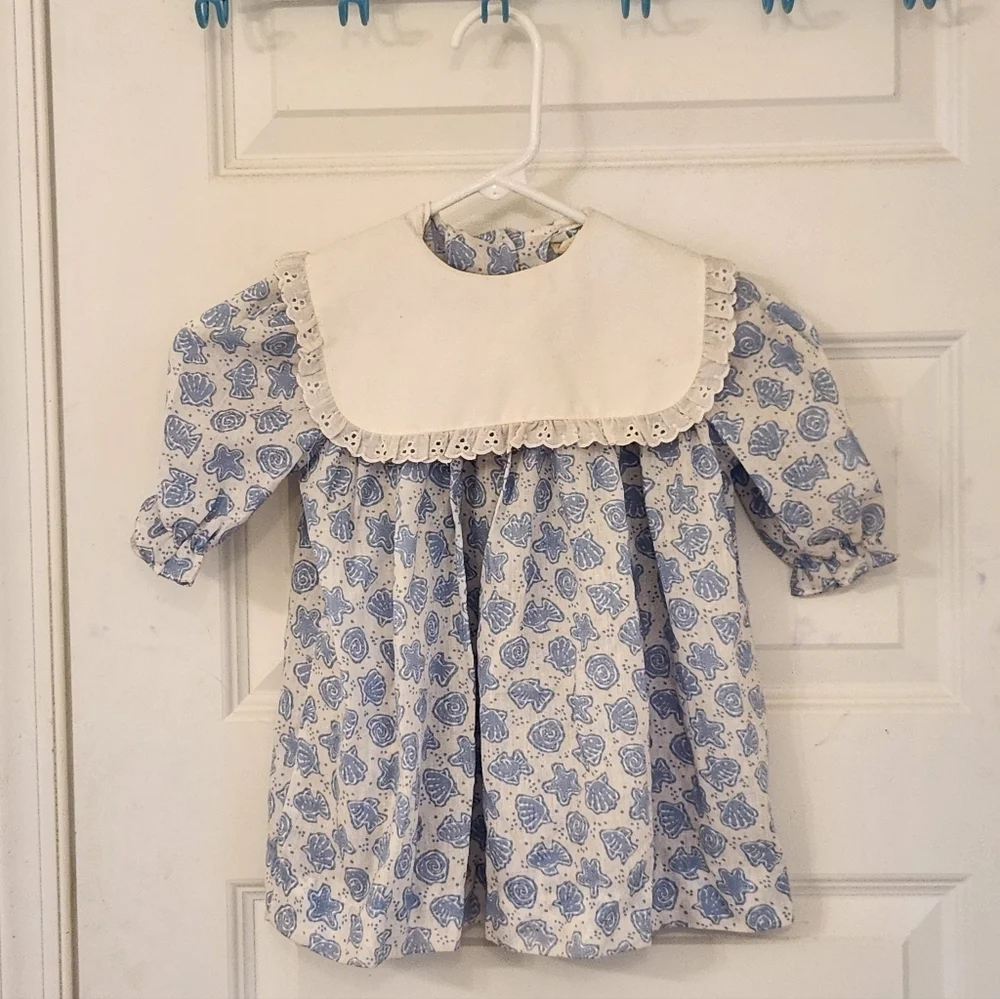 Girls Little Star Vtg Dress Blue White Beach Seashell Mid Sleeve Size 3t #JJ893